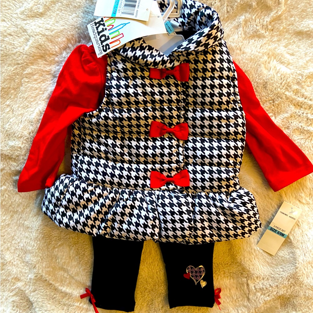 NWT red, white & black 3 piece set with vest, pants, & sparkly Scottie dog tee